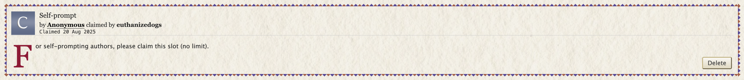 Contoh tampilan klaim Self‑prompt di AO3