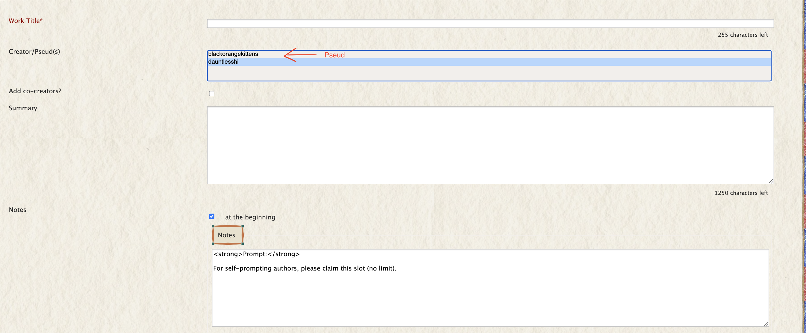 AO3 — pilih pseud dari dropdown di bagian Authors